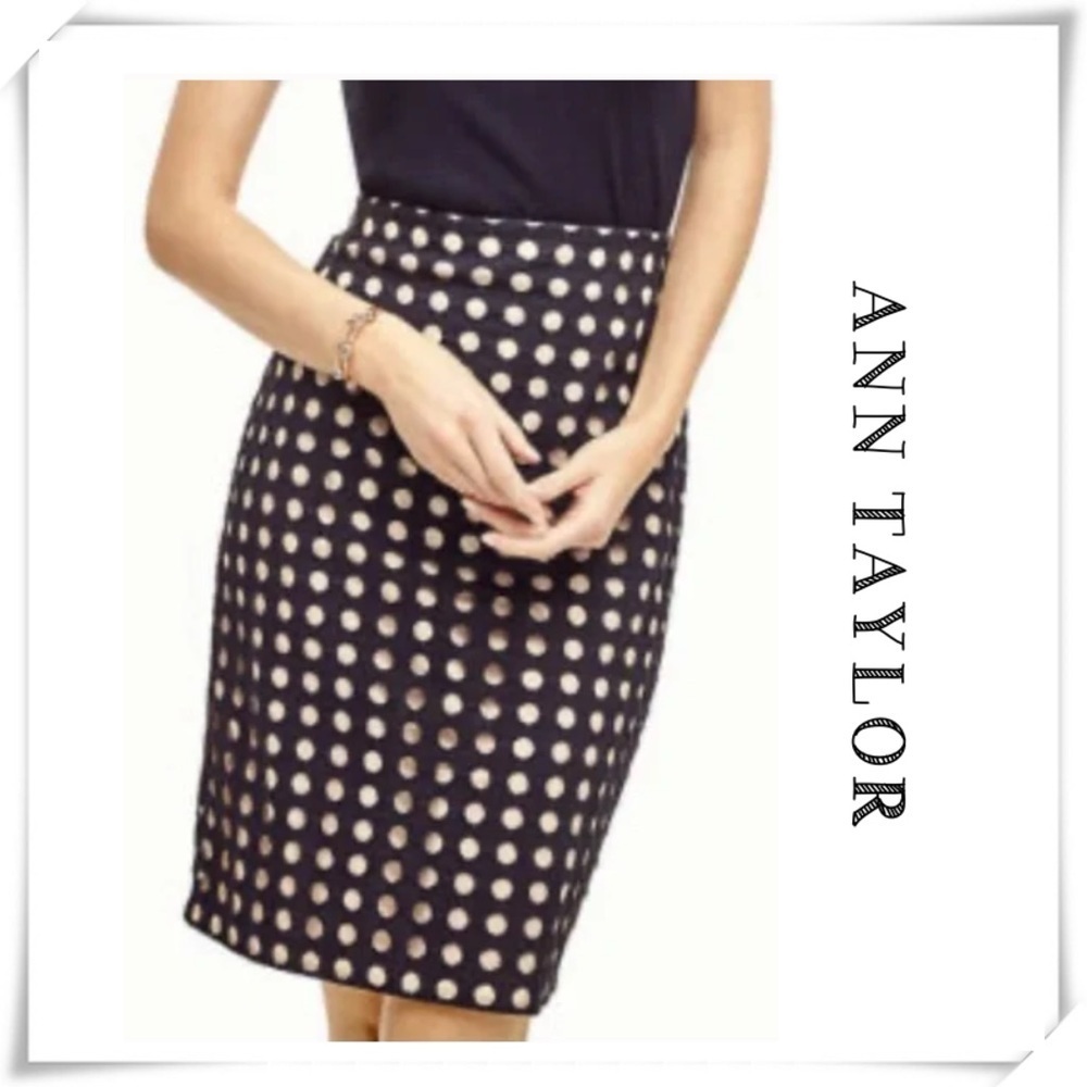 Ann Taylor Geo Eyelet Polka Dot Lace Pencil Skirt in Overlay Navy Blue Size 0